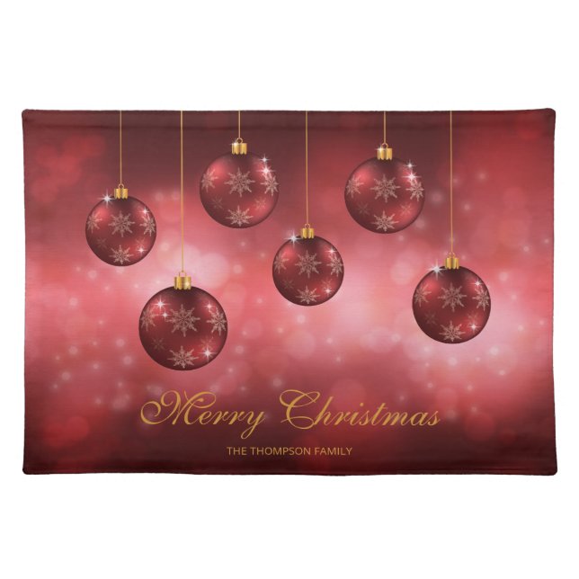Red Festive Christmas Baubles With Custom Text Cloth Placemat (Front)