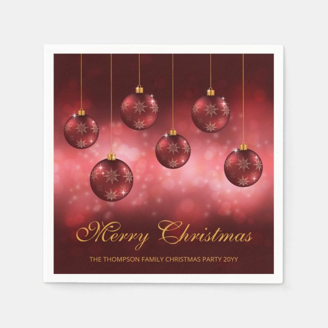 Red Festive Christmas Baubles With Custom Text Napkins (Front)