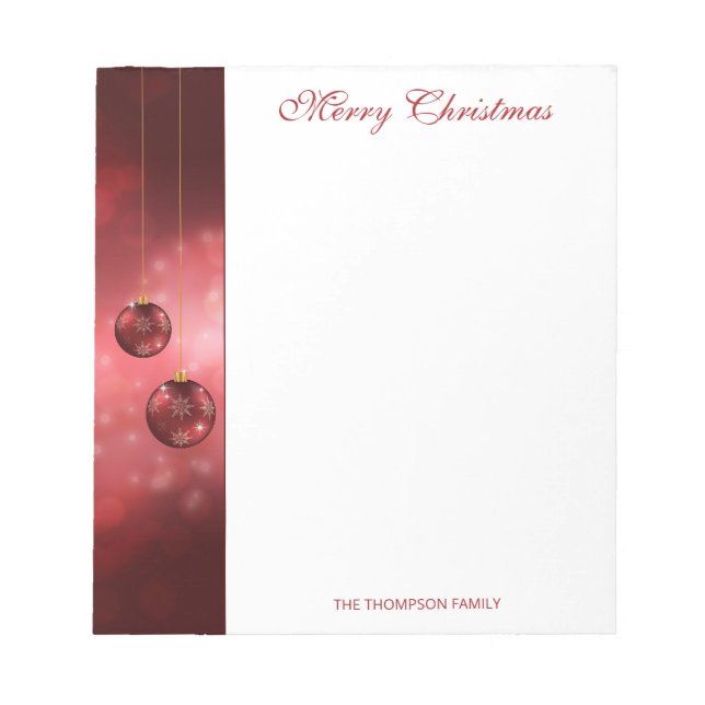 Red Festive Christmas Baubles With Custom Text Notepad (Front)