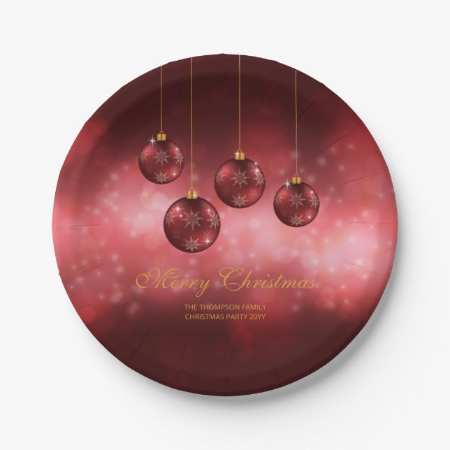 Red Festive Christmas Baubles With Custom Text Paper Plates (Front)