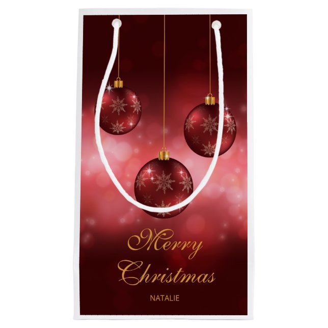 Red Festive Christmas Baubles With Custom Text Small Gift Bag (Front)