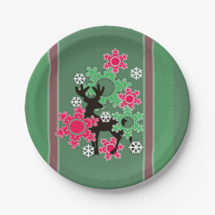 Red, festive, Christmas, Christmas deer, snowflake Paper Plates
