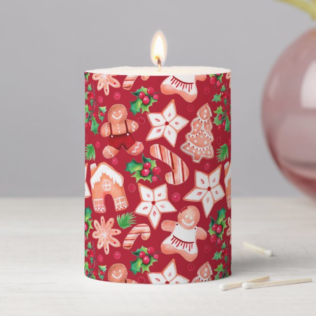 Red Festive Christmas Gingerbread Cookie Pillar Candle (In Situ)