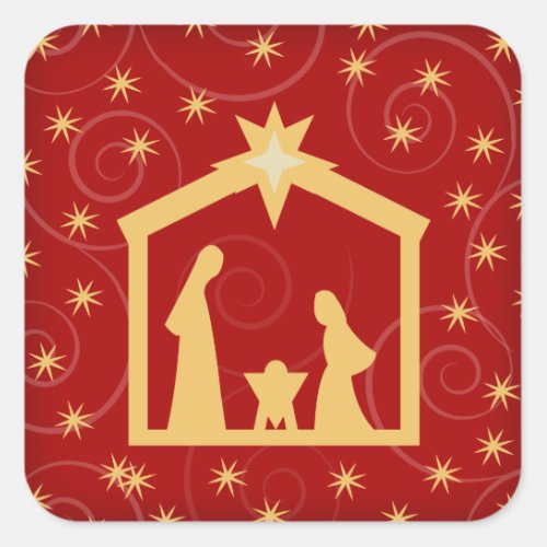 Red Festive Christmas Nativity Scene Square Sticker