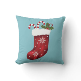 Red Festive Christmas Stocking On Blue Throw Pillow