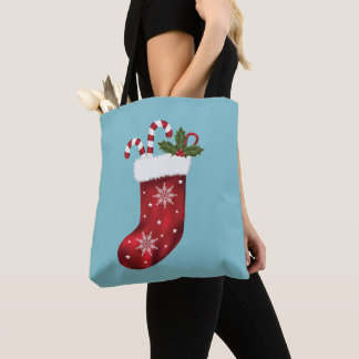 Red Festive Christmas Stocking Pattern On Blue Tote Bag
