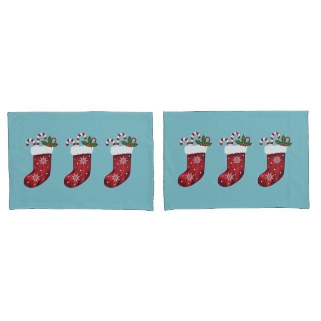Red Festive Christmas Stockings On Blue Pillow Case (Front-Set)