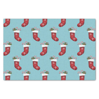 Red Festive Christmas Stockings Pattern On Blue Tissue Paper