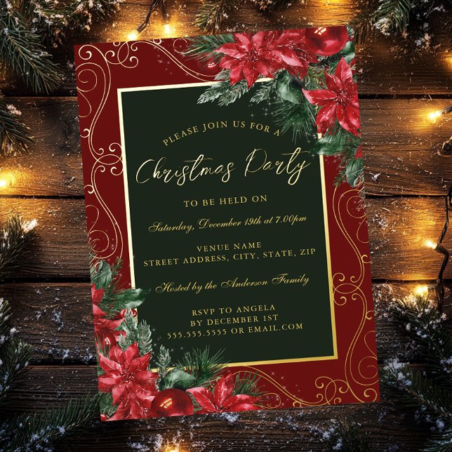 Red Festive Floral Green Frame Christmas Party Foil Invitation (Creator Uploaded)