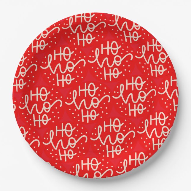 Red Festive Ho Ho Ho Christmas Holiday Paper Plates (Front)