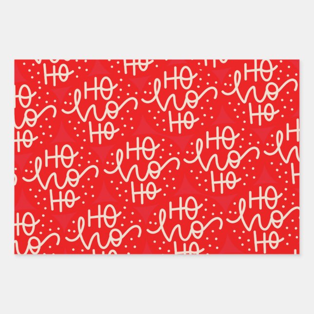 Red Festive Ho Ho Ho Christmas Holiday Wrapping Paper Sheets (Front)
