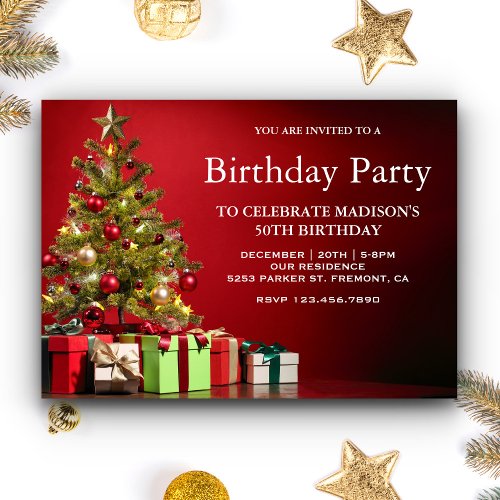 Red Festive Holiday Christmas Tree Birthday Party Invitation