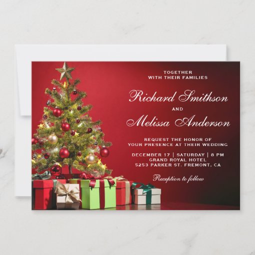 Red Festive Holiday Christmas Tree Wedding Invitation | Zazzle