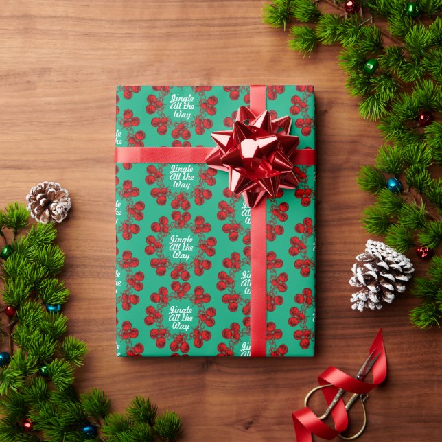 Red Festive Jingle Bells on Green Wrapping Paper (Holiday Gift)