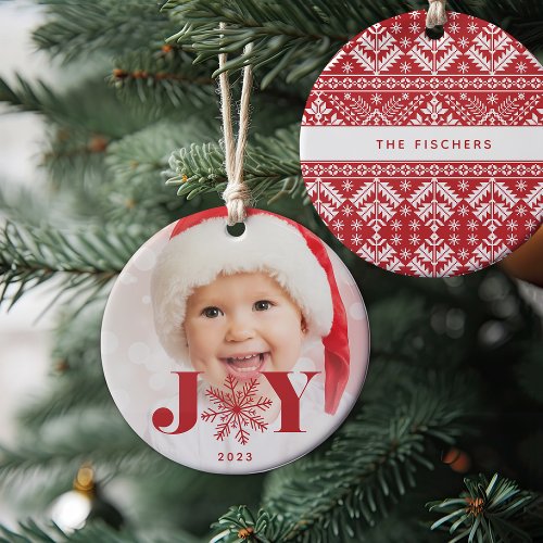 Red  Festive Joy Holiday Photo Ceramic Ornament