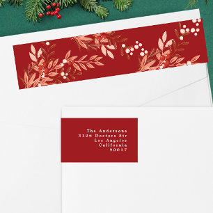 Red Festive Leafy Floral Christmas Return Address Wrap Around Label