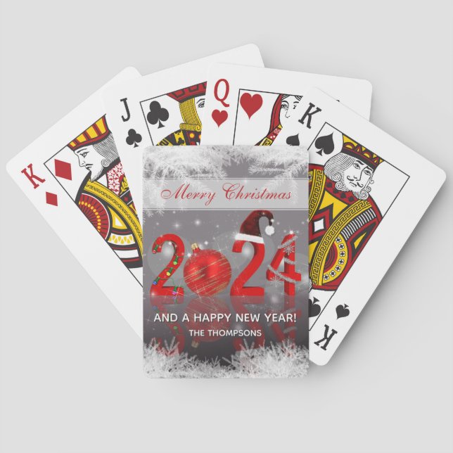 Red Festive Merry Christmas New Year 2024 Poker Cards (Back)