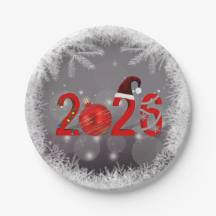 Red Festive Merry Christmas New Year 2026 Paper Plates