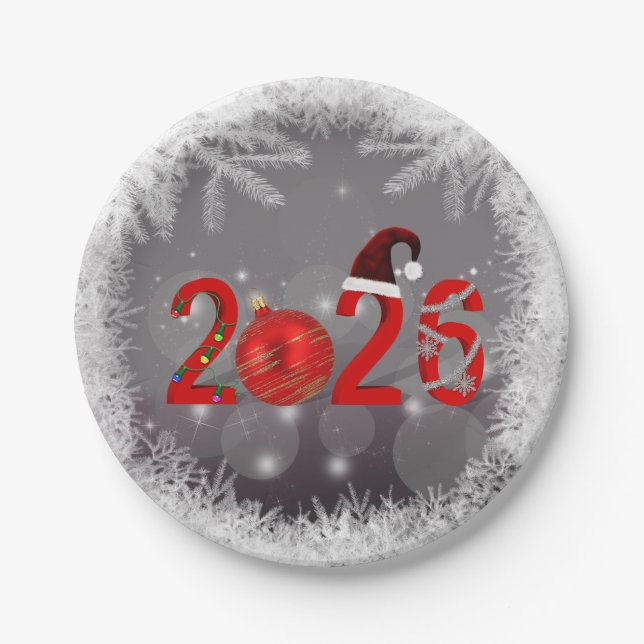 Red Festive Merry Christmas New Year 2026 Paper Plates (Front)