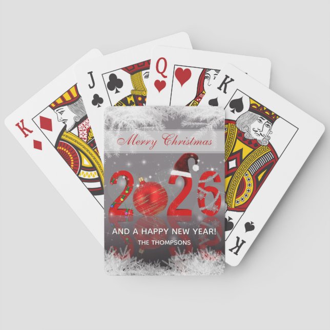 Red Festive Merry Christmas New Year 2026 Poker Cards (Back)