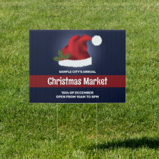 Red Festive Santa Hat On Blue - Christmas Market Sign