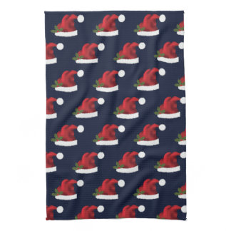 Red Festive Santa Hat On Blue Pattern Kitchen Towel