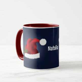 Red Festive Santa Hat On Blue With Custom Name Mug