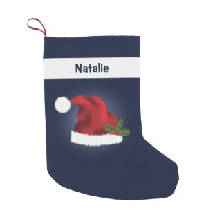 Red Festive Santa Hat On Blue With Custom Name Small Christmas Stocking
