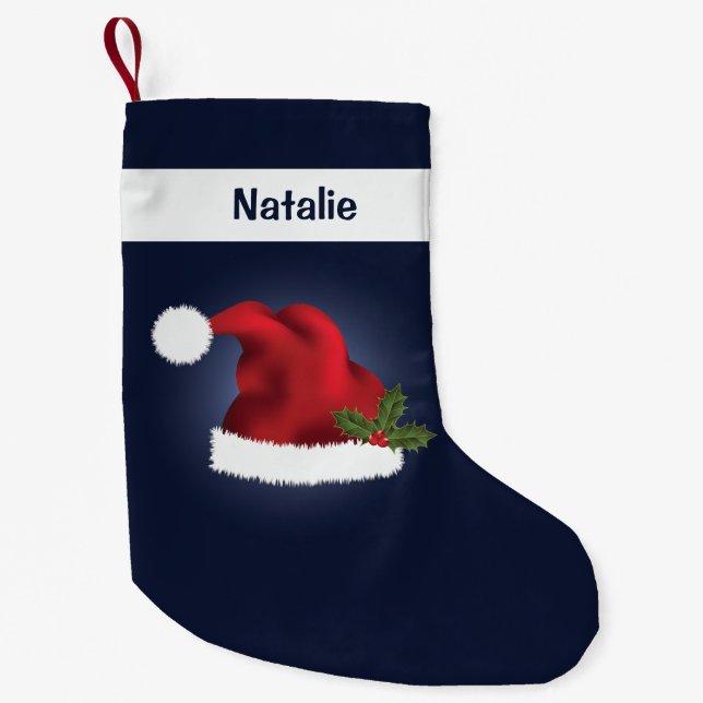 Red Festive Santa Hat On Blue With Custom Name Small Christmas Stocking (Front)