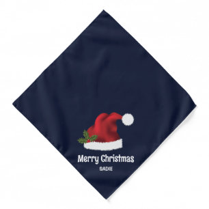 Red Festive Santa Hat On Blue With Custom Text Bandana