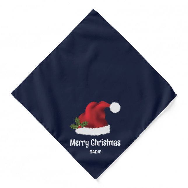 Red Festive Santa Hat On Blue With Custom Text Bandana (Front)