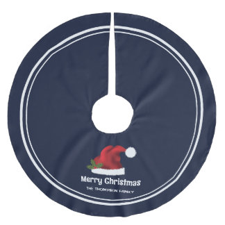 Red Festive Santa Hat On Blue With Custom Text Brushed Polyester Tree Skirt