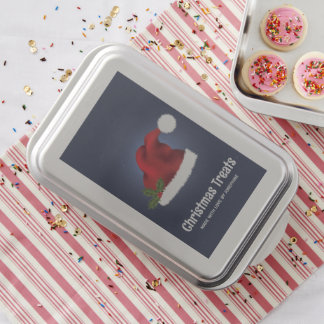 Red Festive Santa Hat On Blue With Custom Text Cake Pan
