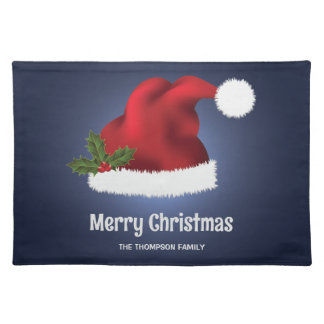 Red Festive Santa Hat On Blue With Custom Text Cloth Placemat