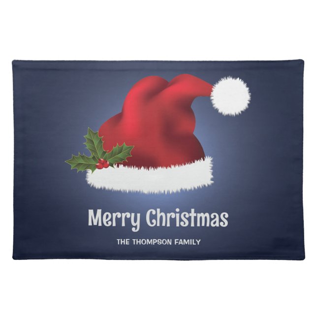 Red Festive Santa Hat On Blue With Custom Text Cloth Placemat (Front)
