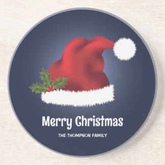 Red Festive Santa Hat On Blue With Custom Text Coaster