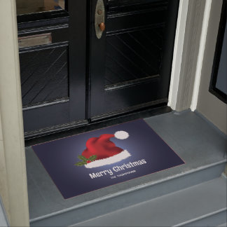 Red Festive Santa Hat On Blue With Custom Text Doormat