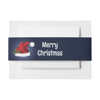 Red Festive Santa Hat On Blue With Custom Text Invitation Belly Band