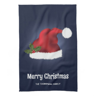 Red Festive Santa Hat On Blue With Custom Text Kitchen Towel
