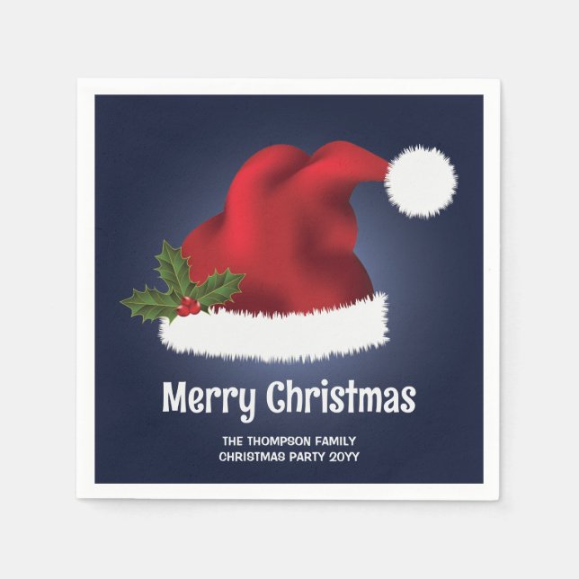Red Festive Santa Hat On Blue With Custom Text Napkins (Front)