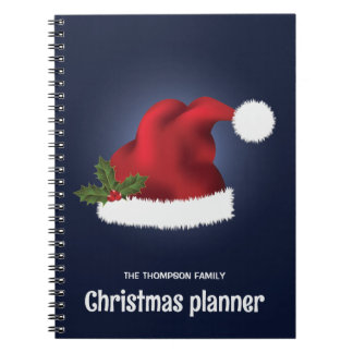 Red Festive Santa Hat On Blue With Custom Text Notebook