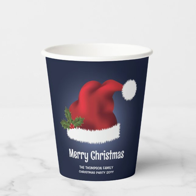 Red Festive Santa Hat On Blue With Custom Text Paper Cups (Front)
