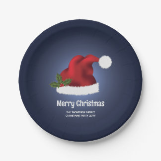 Red Festive Santa Hat On Blue With Custom Text Paper Plates