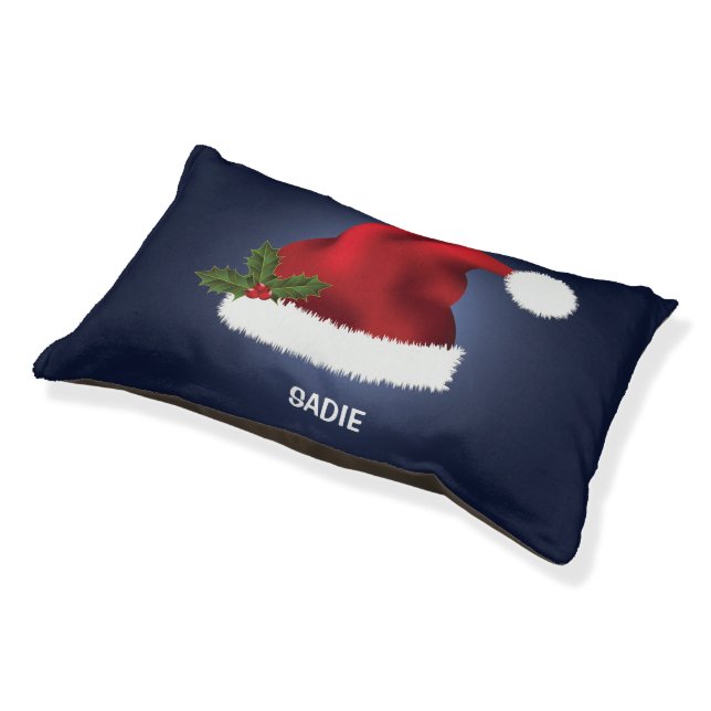 Red Festive Santa Hat On Blue With Custom Text Pet Bed (Angled)