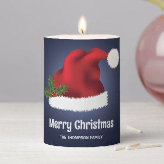 Red Festive Santa Hat On Blue With Custom Text Pillar Candle