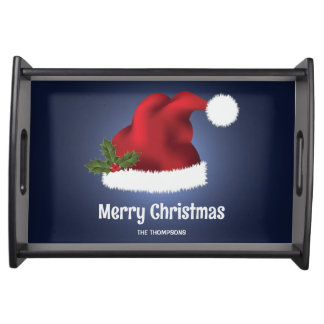 Red Festive Santa Hat On Blue With Custom Text Serving Tray