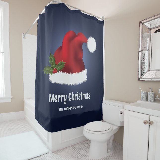 Red Festive Santa Hat On Blue With Custom Text Shower Curtain (In Situ)