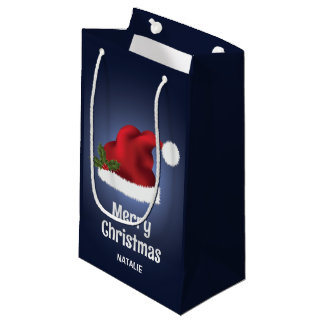 Red Festive Santa Hat On Blue With Custom Text Small Gift Bag