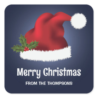 Red Festive Santa Hat On Blue With Custom Text Square Sticker