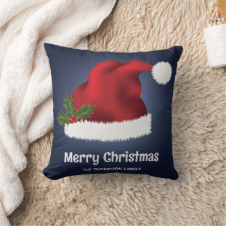 Red Festive Santa Hat On Blue With Custom Text Throw Pillow
